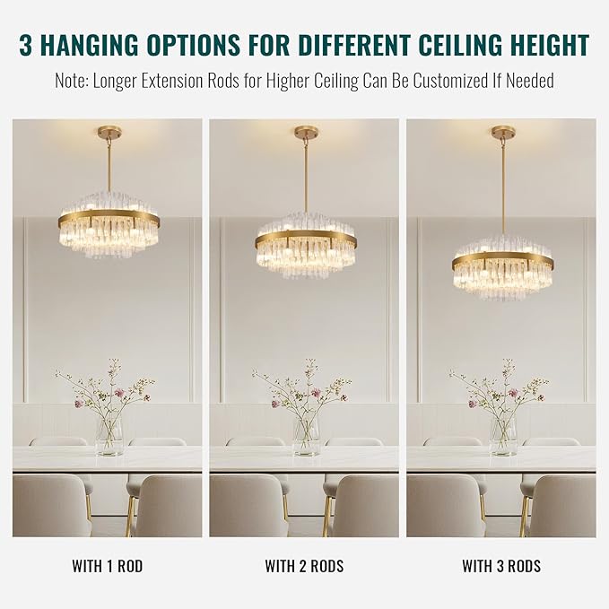 Siljoy 12 Lights Gold Crystal Chandelier for Dining Room, 23.6'' Modern 3-Tiers Raindrop Chandelier with Wave Curved Glass Rods, Luxury Dimmable Crystal Ceiling Light for Living Dining Room Kitchen