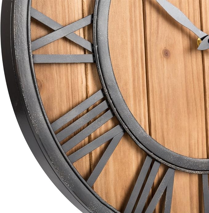 Oldtown Farmhouse Metal & Solid Wood Noiseless Wall Clock (Wood, 18-inch)