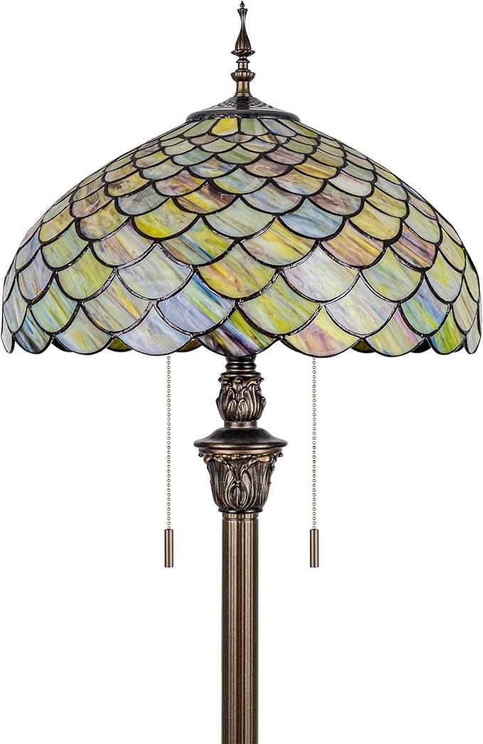 Tiffany Floor Lamp Green Wisteria Style Stained Glass Standing Reading Light 16x16x64 Inch Retro Inspired Pole Corner Lighting Art Decor for Bedroom Living Room Home Office (Green Fishscale)