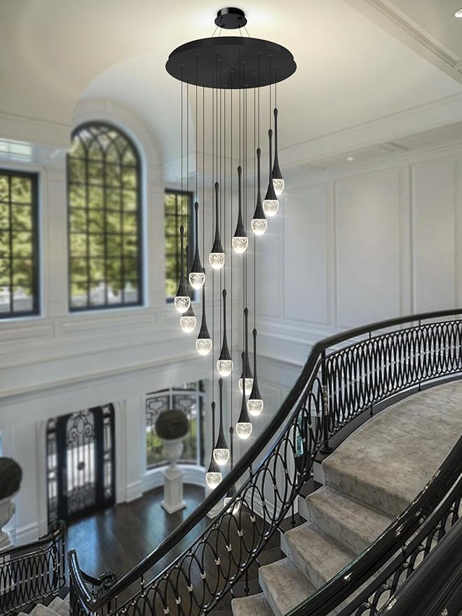 120'' Bubble Crystal Raindrop Chandeliers 16-Lights Black Long Staircase Chandelier Foyer High Ceiling Chandeliers Loft Slante LED Dimmable Ceiling Fixtures