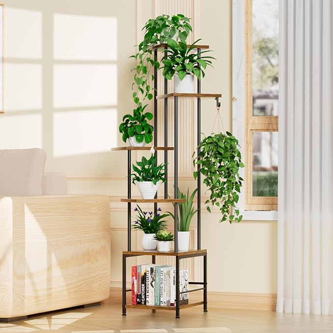 Plant Stand Indoor with Grow Light, 6-Tiered Tall Plant Stand Indoor, Metal Plant Shelf with Hanging Basket Hook and Adjustable Light, Ideal for Living Room, Garden, Patio, （Brown and Black）