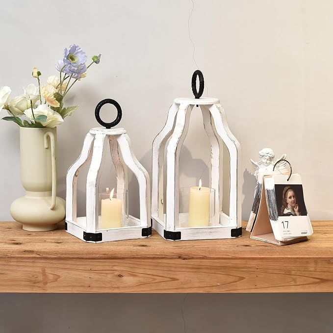 SWALLOWLIVING Rustic Farmhouse Wood Candle Hurricane Lantern with Glass Candlestick Holder for Patio, Table Centerpiece, White, Set of 2
