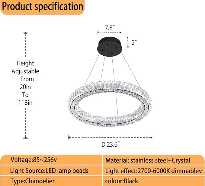 Modern Black Crystal Chandelier Dimmable LED 23.6" Ring Pendant Light Adjustable Round Crystal Chandelier Light Fixtures for Dining Room Living Room
