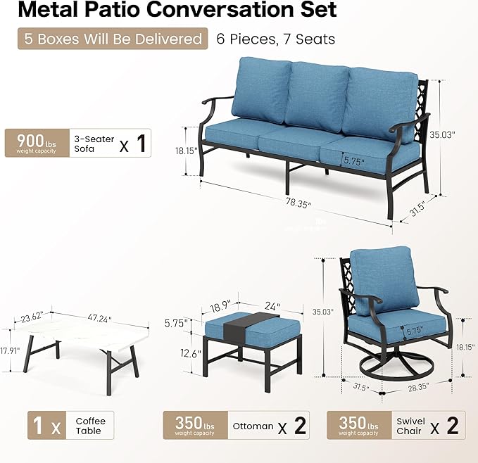 6 Piece Metal Outdoor Patio Furniture Set, Patio Conversation Sets 1 3-seater Sofa, 2 Swivel Chair, 2 Ottomans with 5.75" Thick Cushion and Coffee Table, Black Backyard Furniture, Navy