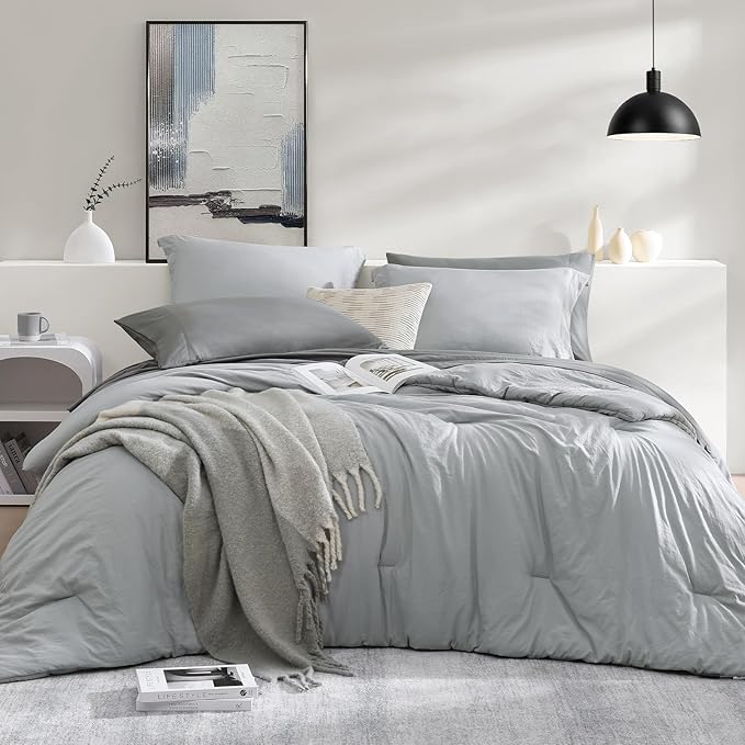 WRENSONGE Queen Comforter Set- 7 Pieces Soft Light Grey Bed in a Bag Queen with Fitted Sheet, Flat Sheet, 2 Pillow Shams, and 2 Pillowcases- Warm Bed Set for All Season