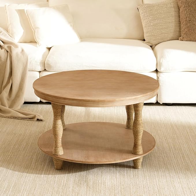 Round Coffee Table,2-Tier Coffee Table Storage,Rope-Wrapped Wood Legs,Rustic Farmhouse Accent Table for Living Room,Natural Wood Finish,Honey Brown,31.9"x15"