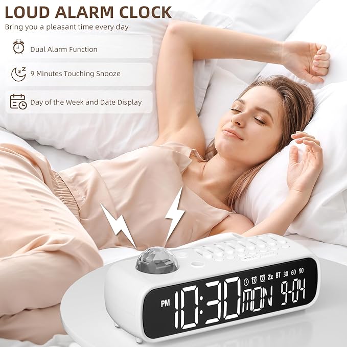 White Noise Sound Machine with Clock for Baby Kids Adults, with 8 Soothing Sounds for Office & Sleeping, 30/60/90 Mins Timer, Bluetooth Speaker, Star Projector Galaxy Light for Home, Travel