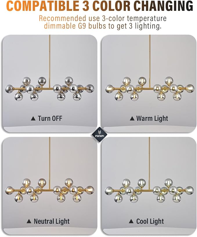 Glass Globe Sputnik Chandelier, 16-Light Mid Century Modern Light Fixture Over Table, Linear Chandeliers for Dining Room, Kitchen Island, Brass Gold and Smoke Grey Bubble, 40 Inch, GC-02