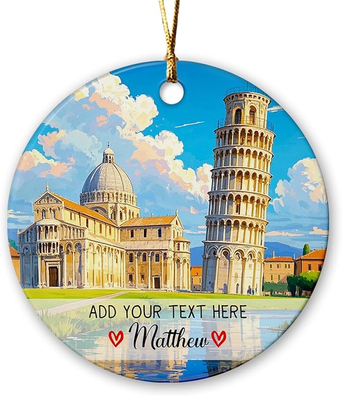 Leaning Tower of Pisa Italy Ceramic Christmas Ornament 2025, Personalized Pisa Italy Landscape Ornament for Xmas Tree, Custom Text/Name Italian Vacation Keepsake Ornaments Gift for Family Friends