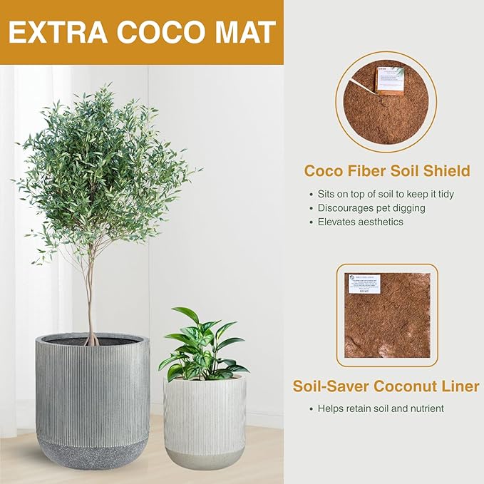 18.7" H x 16.9" D Ribbed Radius Fiberstone Round Planter with Drainage Hole, Weather Resistant for Indoor and Outdoor Use, Included 2 Extra Coco Mats (Charcoal, 15" Pot Opening)