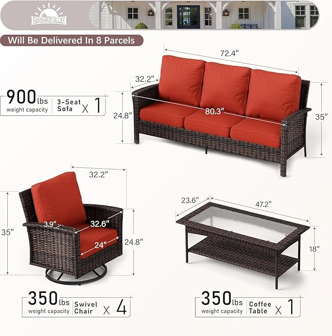 Patio Furniture Set with Swivel Chairs, High Back Wicker Rattan Furniture with Extra Thick Cushion and Coffee Table, Outdoor Conversation Set for Garden Backyard Deck,7 Seats Red