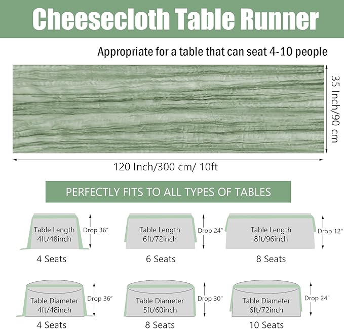 10FT Sage Green Cheesecloth Table Runner 35 x120 Inches Long Gauze Boho Cheese Cloth Runners, Romantic Rustic Sheer Sage Green Table Runner for Wedding Bridal Baby Shower Christmas Table Decor