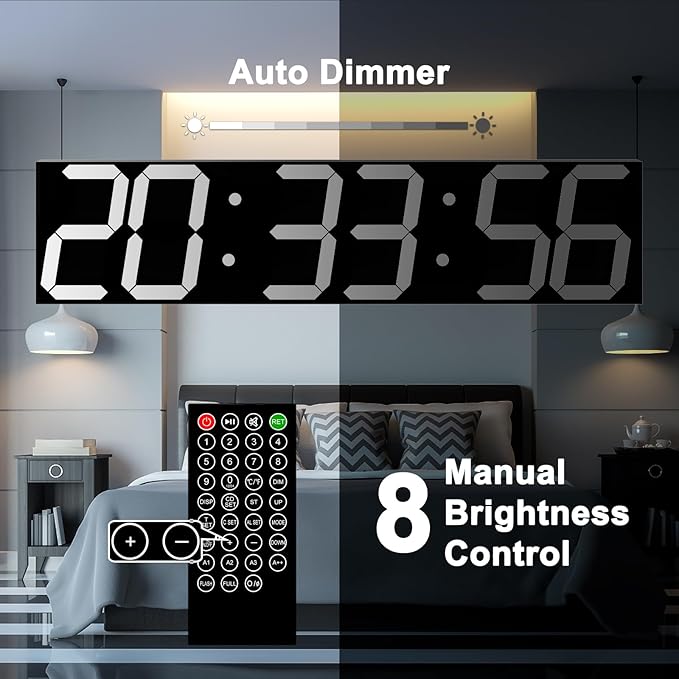 Digital Wall Clock, Oversize Led Digital Clock with Auto Dimmer, Huge Countdown Timer with Remote Control, 27" Wide Led Display, 6 Digits, Wall Mount, Date and Temperature (White)