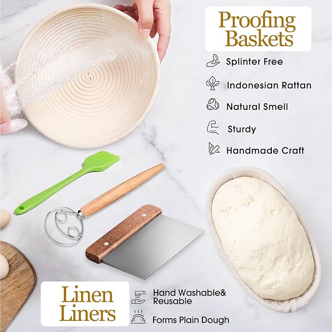 Banneton Bread Proofing Basket Banneton Basket Set Sourdough Proofing Basket Round Proofing Bowls Handmade Rattan Baskets and Liners (Oval & Round Baking Set)