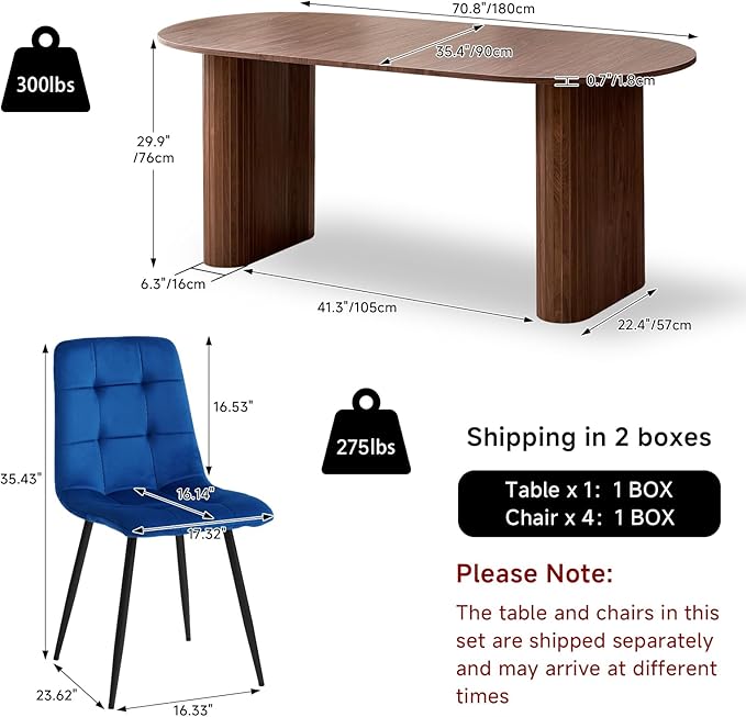 5-Piece Dining Table Set for 4 6 People with Heavy Duty Legs Dining Room Tables Set for 4 Table and Chairs for Living Room Kitchen Apartment(Walnut Table with 4 Blue Chairs)