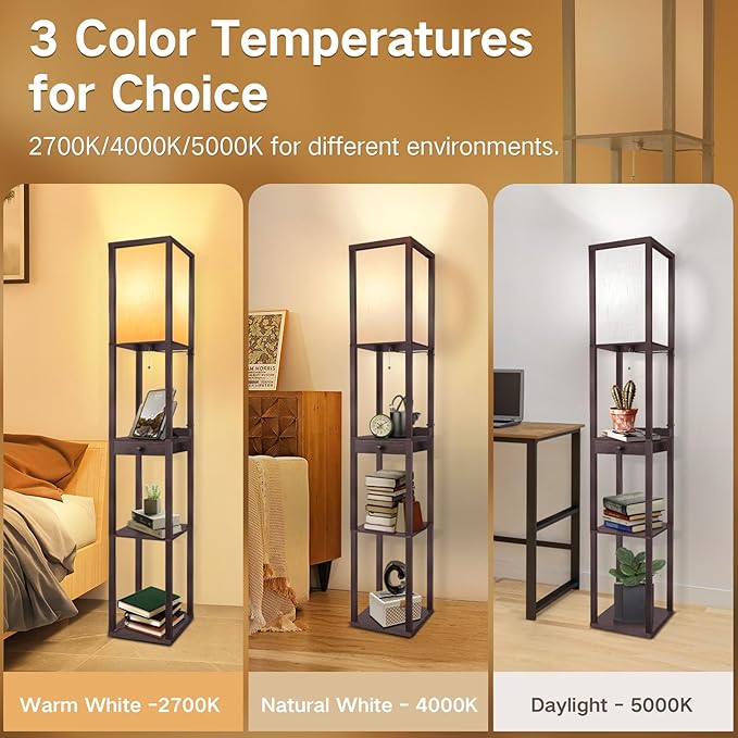 OUTON Deluxe Shelf Floor Lamp with 1 Drawer, 2 USB-C Ports, 2 AC Outlets, LED Modern Floor Lamp with 3 Color Temperature, Storage Display Wood Standing Lamp for Living Room, Bedroom, Office (Walnut)
