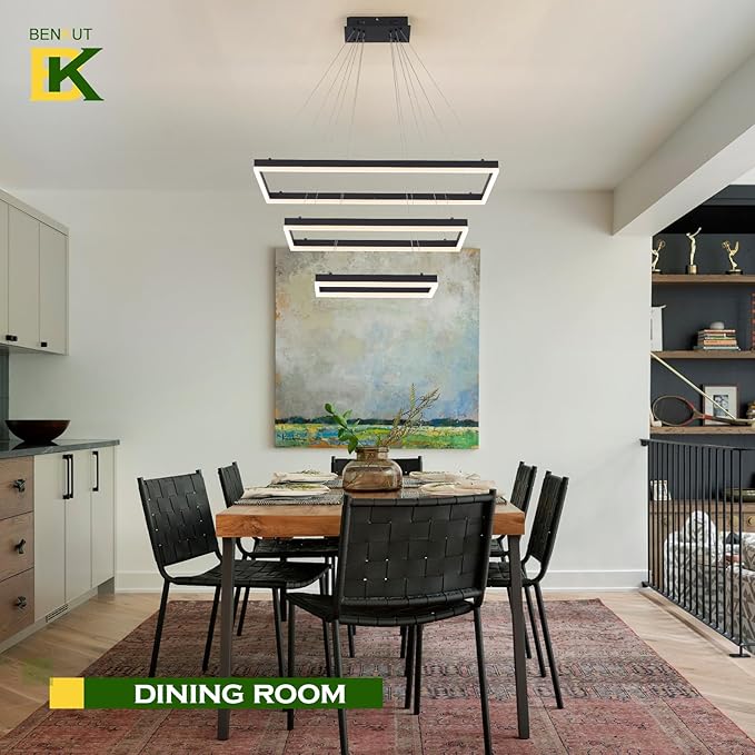 3 Rings Modern LED Chandelier Black 31.5inch Rectangle Dimmable LED Pendant Light with Remote Control 3 Tier Flush Mount High Ceiling Light for Dining Living Room Foyer(3000K-6500K, H71)