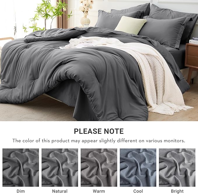 MUXHOMO 5 Pieces Twin XL Comforter Set, Soft Bed in a Bag Twin XL Size, All Season Bedding Set with Comforter, Flat Sheet, Fitted Sheet, Pillowcases & Shams, Dark Grey