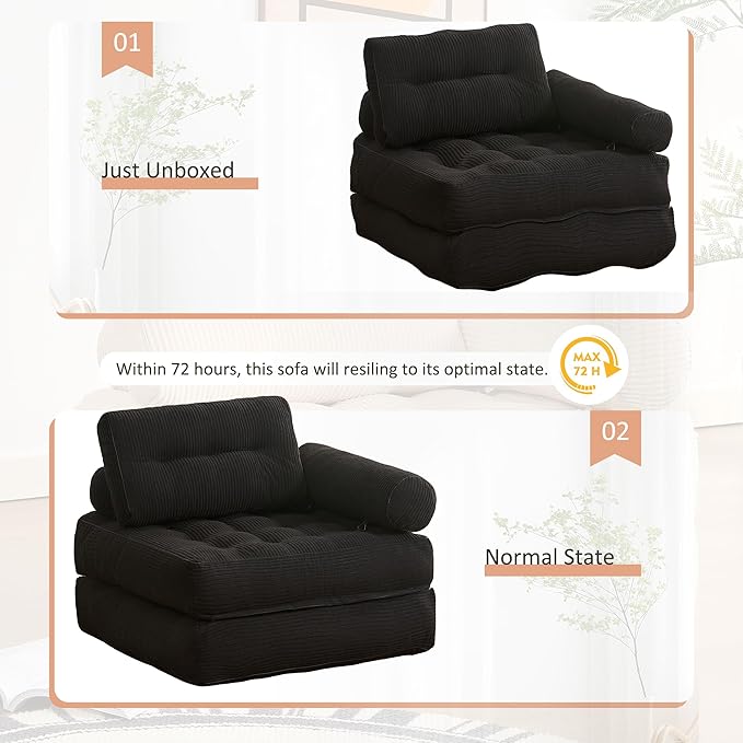 Plus Futon Sofa Bed for Small Spaces, Floor Couch with Armrest, Folding Sofa Couch, Convertible Sleeper Chair Bed with Pillow, Portable Comfy Floor Lounge for Living Room and Bedroom, Black