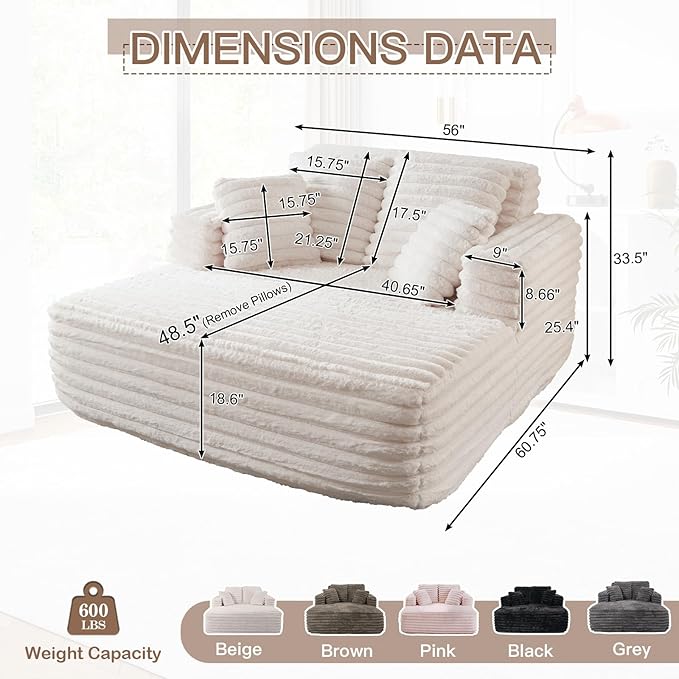 56"W Oversized Chaise Lounge Chair Indoor,Plush Faux Fur Sleeper Sofa Couch Bed with Pillows&Wide Armrest,Fluffy Comfy Cloud Sofa,Compression Foam Boneless Couch for Living Room,Bedroom(Beige)