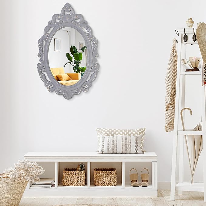 Vintage Hanging Wall Mirror Wall Decor 28"x20" Antique Oval Carved Wood Frame Bathroom Mirror Vanity Rustic Wall Mounted Mirrors Decorative Farmhouse Mirrors for Bedroom Living Room Grey