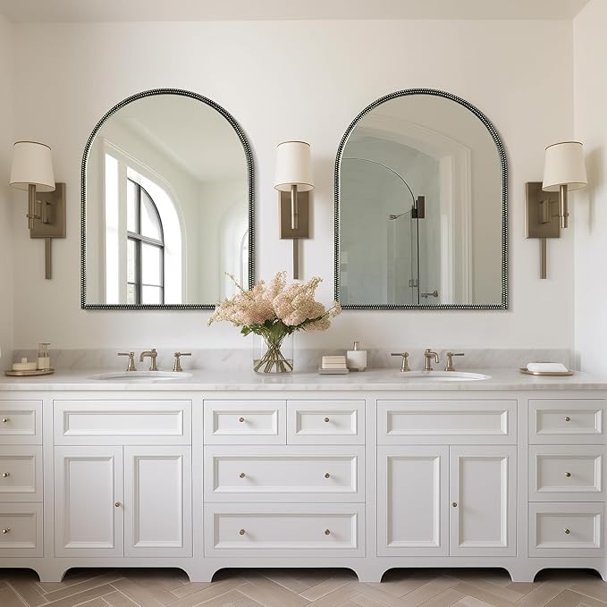 WallBeyond Black Vintage Mirror for Vanity 28x36 Inch, Gold Antique Mirror with Ornate Beaded Frame for Bathroom, Living Room, Fireplace, Entryway