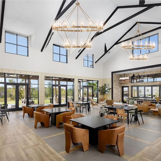 48" Gold Chandelier, 2 Tier Wagon Wheel Chandelier with Glass Shade, 24-Lights Large Round Modern Farmhouse High Ceilings Pendant Lighting Fixture for Dining Room, Living Room, Kitchen, Foyer