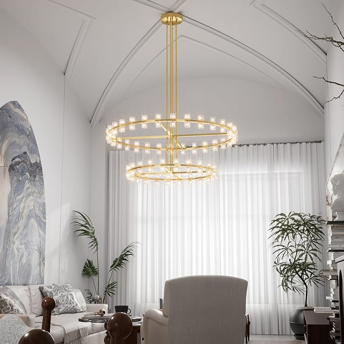 D48''+D60'' Gold Wagon Wheel Chandeliers 108-Lights Gold Round Chandelier Glass Chandeliers for Dining Room,Living Room Vintage Chandelier