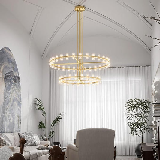 D48''+D60'' Gold Wagon Wheel Chandeliers 108-Lights Gold Round Chandelier Glass Chandeliers for Dining Room,Living Room Vintage Chandelier