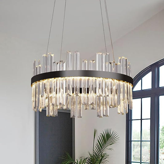 Black Led Modern Crystal Chandelier: 19.7" Round Contemporary 3 Color Dimmable Dining Room Light Fixture over Table - Adjustable Lighting Chandeliers for Bedroom Living Kitchen Island Entryway Foyer