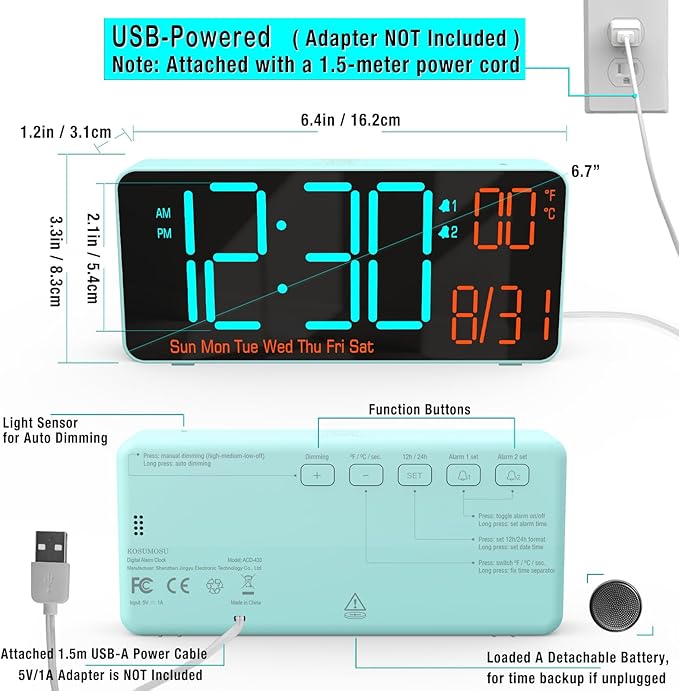 KOSUMOSU Alarm Clock for Bedroom, 6.7in Small Digital Clock, Auto Dimming, Room Temperature, Day of The Week, Date, Alarm Clocks for Living Room, Desk Clocks