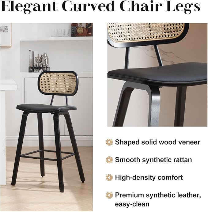 Counter Height Bar Stools Set of 4, 26" PU Leather Upholstered Rattan Barstools, Mid Century Modern Bar Chairs with Black Wood Legs, Armless Walnut Kitchen Island Dining Bar Chair, Black