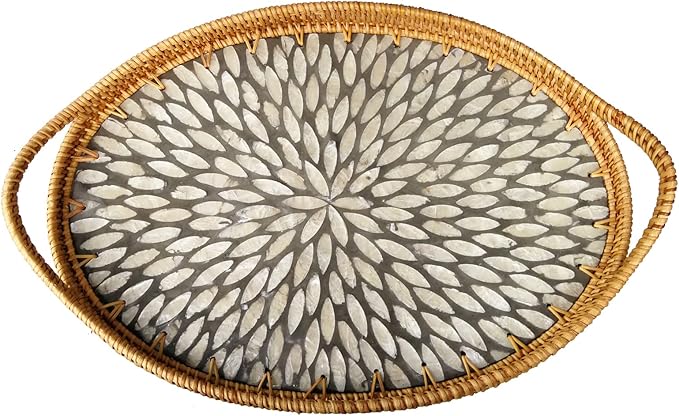 I-LAN 15 Inch Oval Rattan Woven Tray Basket with Beige MOP Wooden Base and Handles, Boho Wicker Coffee Table Serving Tray Décor with 2 Inch Wall, Handmade Display Basket for Countertop, L