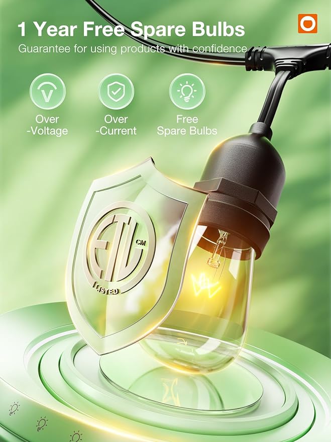 addlon 36 FT Outdoor String Lights Commercial Grade Weatherproof Strand, 15 Edison Vintage Bulbs, 12 Hanging Sockets and 3 Spare Bulbs, ETL Listed Decorative Cafe Patio Lights for Bistro Garden