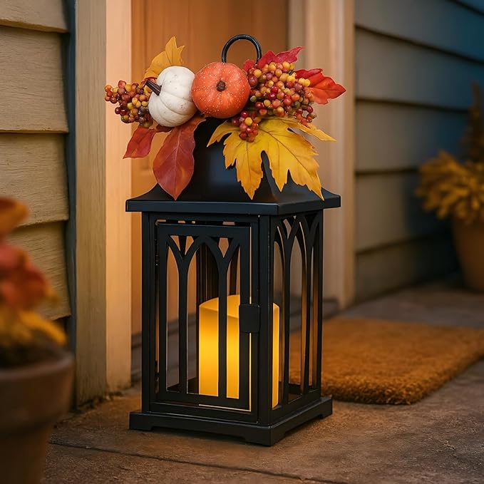 Bdor 2 Pack Fall Lantern Decor with LED Candle – 15 Inch Harvest Pumpkin Maple Leaf Hanging Lantern for Autumn Thanksgiving Table Centerpiece Indoor Outdoor Decoration, Battery Operated