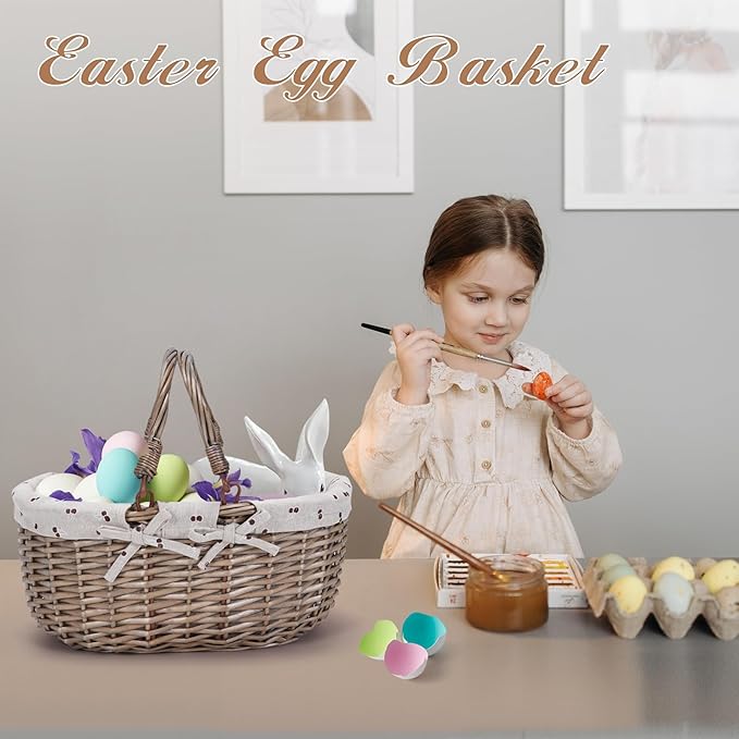 G GOOD GAIN Oval Picnic Basket with Folding Handles, Willow Hand Woven Shopping Basket, Bath Toy Kids Toy Storage Gift Packing Basket, Wicker Empty Easter Eggs and Candy Small Gift Basket. Beige