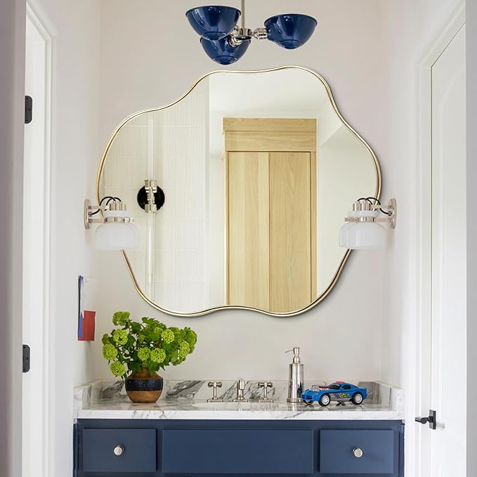 Gold Irregular Mirror, Scalloped Rounded Mirror, 30"x26.8" Asymmetrical Wall Mirrors, Wavy Decorative Mirrors for Living Room Bathroom Bedroom Hallway Entryway Fireplace