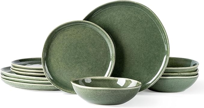 AmorArc Ceramic Dinnerware Sets,Handmade Reactive Glaze Stoneware Plates and Bowls Set,Highly Chip and Crack Resistant | Dishwasher & Microwave Safe Dishes Set,Service for 4 (12pc)