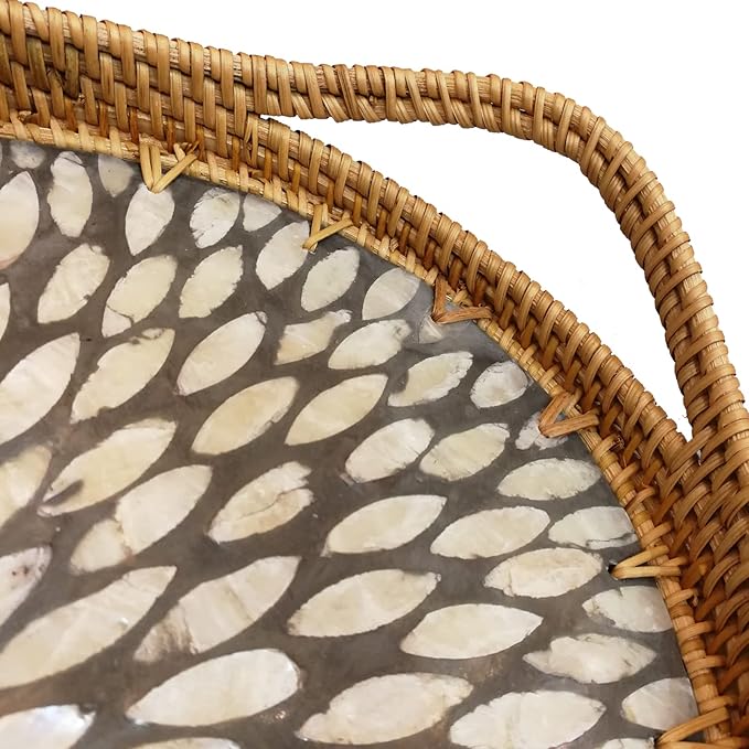 I-LAN 15 Inch Oval Rattan Woven Tray Basket with Beige MOP Wooden Base and Handles, Boho Wicker Coffee Table Serving Tray Décor with 2 Inch Wall, Handmade Display Basket for Countertop, L
