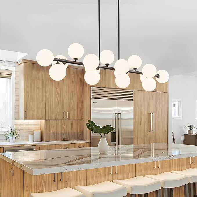 Linear Chandeliers for Dining Room, 55in Large Modern Globe Chandelier 16-Light Large Pendant Lights Kitchen Island Lighting with Milk White Glass Sputnik Chandelier Bubble Sputnik Light Fixture