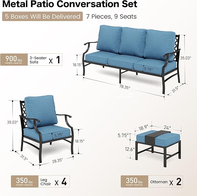 7 Piece Metal Outdoor Patio Furniture Set, Patio Conversation Sets 1 3-seater Sofa, 4 Fixed Chair, 2 Ottomans with 5.75" Thick Cushion, Black All-weather Frame Backyard Furniture, Navy