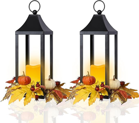 Bdor 2 Pack Fall Lantern Decor with LED Candle – 15.7 Inch Harvest Pumpkin Maple Leaf Hanging Lantern for Autumn Thanksgiving Table Centerpiece Indoor Outdoor Decoration, Battery Operated