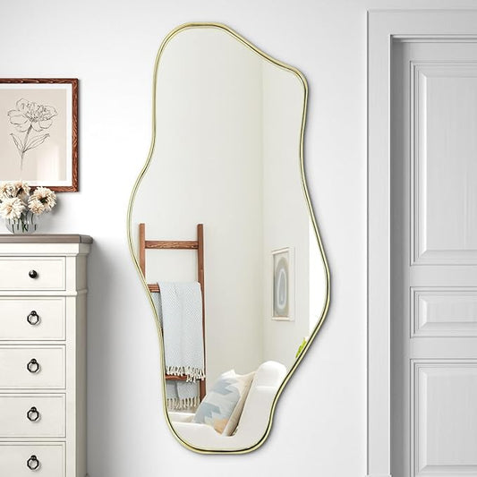 Irregular Wall Mirror, 47.2"x21.5" Asymmetrical Mirror with Gold Metal Frame, Cloud Shaped Waved Decorative Mirrors for Living Room Bathroom Bedroom Hallway Entryway Fireplace