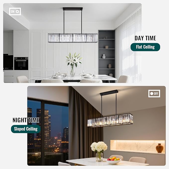 Siljoy Modern Crystal Chandelier for Dining Room, 7 Lights Black Large Rectangular Farmhouse Crystal Chandelier Industrial Linear Pendant Ceiling Light for Living Room Kitchen Island Bar L47''