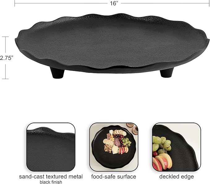 Kate and Laurel Alessia Modern Decorative Scalloped Round Footed Metal Tray; 16 Inch Diameter; Black; Transitional Food-Safe Cast Aluminum Pedestal Tray with Rough Texture and Deckled Edge