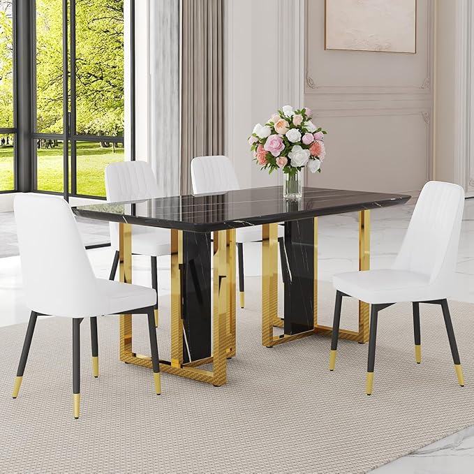 TesNus 63" Black Dining Table Set for 4 with Chairs,Modern Faux Marble Rectangular Kitchen Table and Chairs Set Luxury 5 Piece Dining Room Set with Gold Metal Legs,Easy Assemble,Stable Base