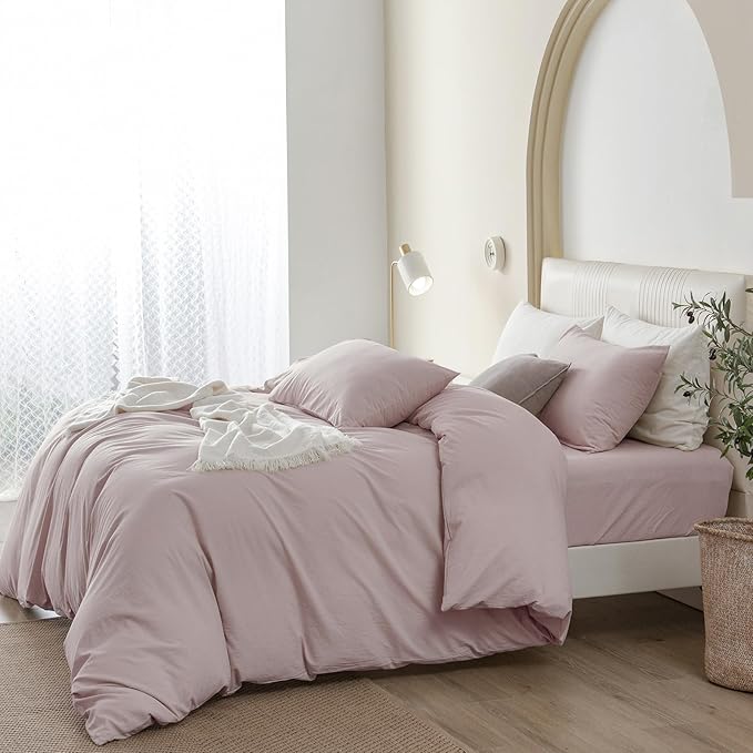 JIYUAN 100% Washed Cotton Duvet Cover Set 3 Pieces Cal King, 1 Duvet Cover 104x98 Inches (Comforter Not Included) and 2 Pillowcases,Linen Feel Bedding Set Comfy and Breathable, Heathered Greyish Pink