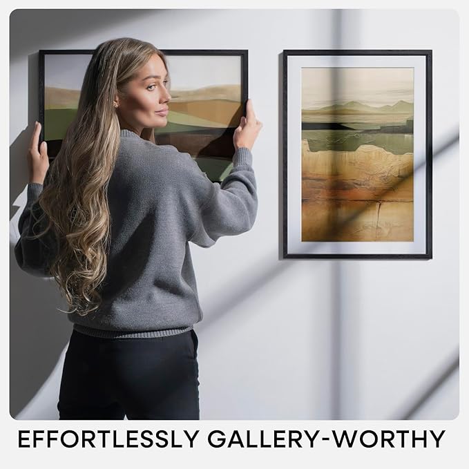 Homeforia A2 Black Wood Frame, High End Oak 16.5 x 23.4 Black Wooden Poster Frames Matted to 11.7 by 16.5 in Photo, A2 Size Wood Picture Frame with Mat A3 for Print, Tempered Glass, Wall Kit, Set of 1