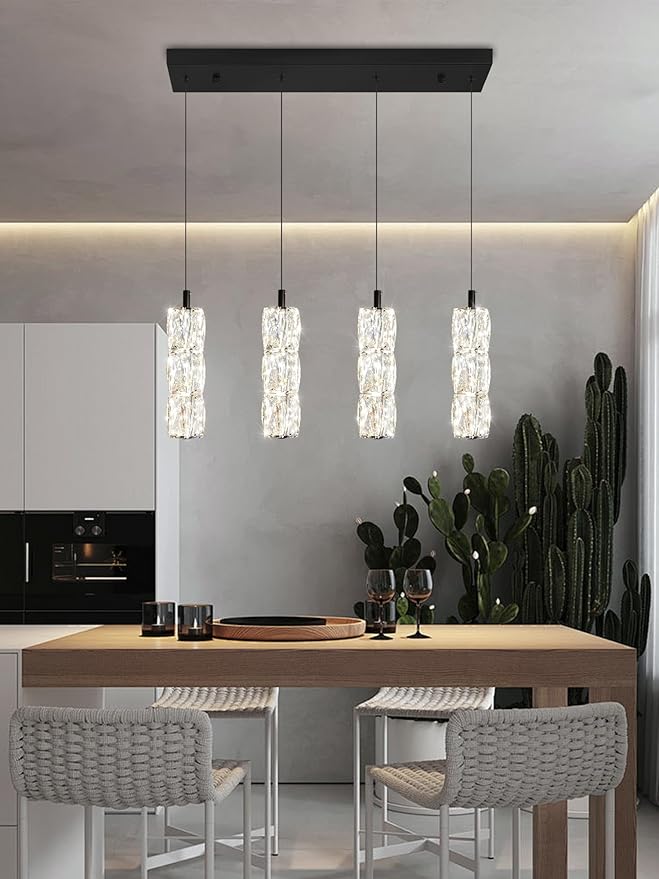 Dining Room Light Fixture 4-Light Black Kitchen Island Lighting Industrial Linear Chandeliers for Dining Room Pendant Light Fixture for Living Room Hallway Bedroom 2700K-6000K