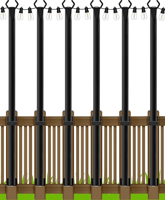 5Ft String Light Poles 6 Pack,Light Poles for Outside Lights,Outdoor with Fence Brackets Hanging Lights,Metal Stand Deck Patio Backyard
